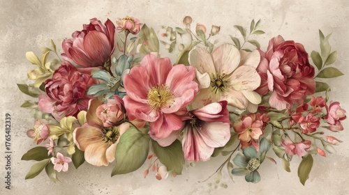 Beautiful bouquet of pink and cream open flowers with green leaves in soft pastel tones for floral arrangement or decoration