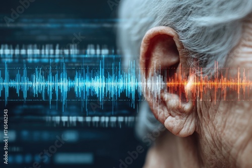 Human senior ear with sound waves simulation technology.