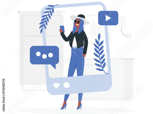 Stylish woman in sunglasses and hat holding phone in social media frame with chat and play icons smartphone