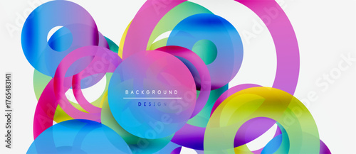 Abstract colorful circles overlap, creating dynamic visual effect. Background features text background design. Bright hues dominate composition.