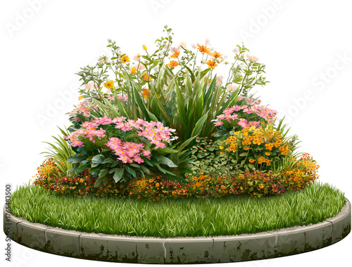 A vibrant flower bed isolated on transparent background, showcasing a variety of colorful flowers and lush green plants in full bloom