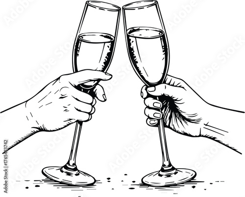 Cheers to a Toast: Two hands hold up champagne glasses in a gesture of celebration and unity, symbolizing a special moment or occasion.