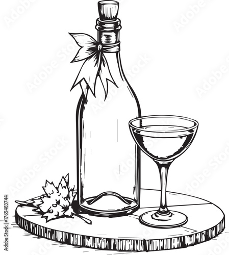A meticulously detailed black and white illustration of a bottle and wine glass, evoking sophistication and celebration, set on a rustic wooden board.
