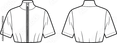 Women’s short sleeve mock neck zip top flat sketch, fashion garment technical drawing
