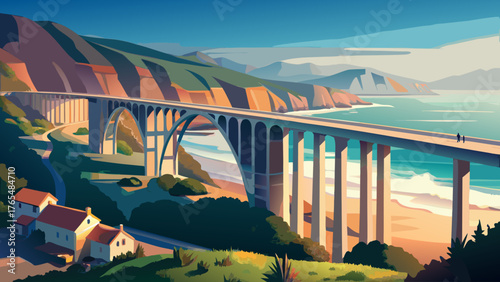 Very beautiful panoramic view of Bixby Creek Bridge along the dramatic Pacific Ocean coastline in Big Sur, California, where cliffs, turquoise waters, and rugged landscapes create a breathtaking coast