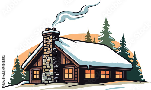 Colorful brick wall log wood cabin, smoky chimney with winter snow covered roof and landscape icon vector illustation 