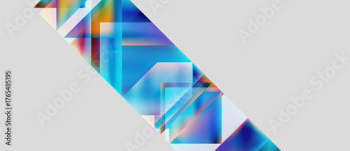 Abstract geometric shapes overlap, creating vibrant color gradients. Blue dominates, with hints orange, purple. Minimalist design.