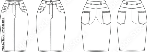 Denim pencil skirt fashion flat sketch with front and back pockets, waistband and topstitch details, cad drawing flat vector illustration