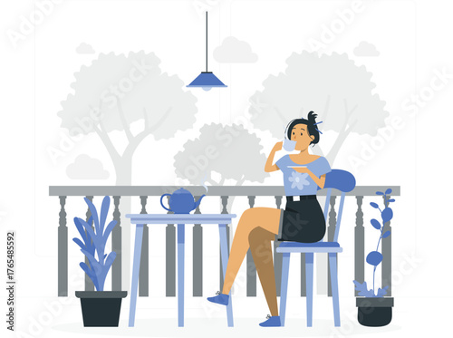 Woman sitting on a balcony drinking tea from a cup with a teapot on a table female person