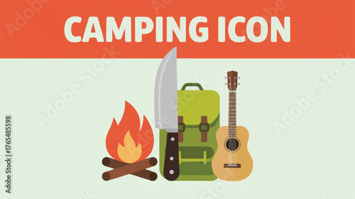 Camping Icon With Campfire Knife Backpack and Guitar logs