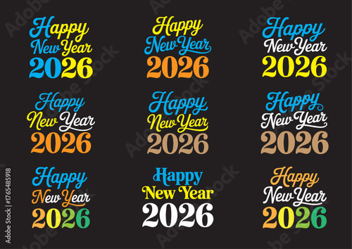 Happy new year 2026 typography, Happy new year 2026 t-shirt Design Bundle
