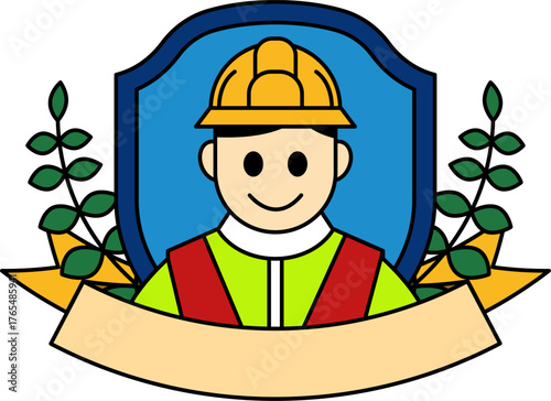 logotype icon of a man in a yellow vest and a hard hat