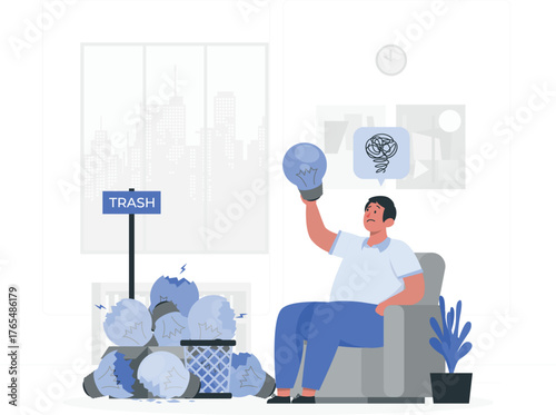 Man holding a broken lightbulb with a pile of broken bulbs in a trash bin idea concept