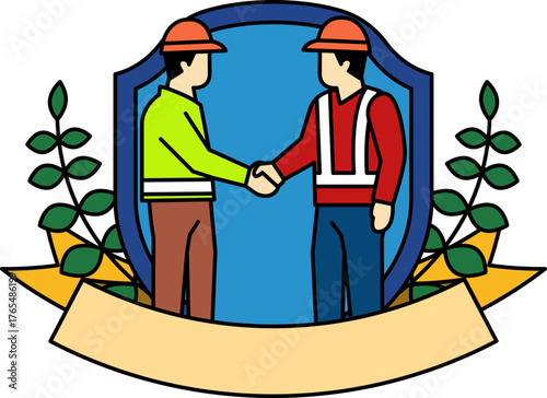 logotype of a Two men shake hands in front of a shield