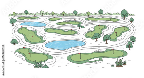 Detailed Hand-Drawn Golf Course Layout with Water Hazards and Greens.