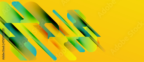Abstract geometric shapes overlap, creating vibrant gradients. Yellow background emphasizes colorful forms, modern design.