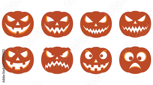 Vector art of a collection of spooky pumpkin faces with various expressions, perfect for halloween decorations and designs