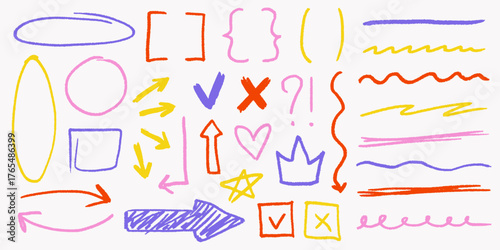 Multi colored crayon squiggles with grainy scribbles, doodled hearts and stars, funky strokes, messy lines and cute abstract shapes for graphic design.