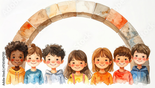 Watercolor illustration of diverse smiling children under rainbow arch white background