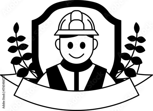 black and white logotype icon of a man in a yellow vest and a hard hat