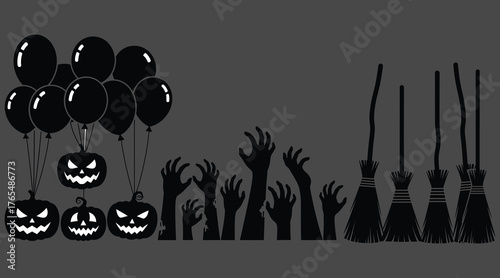 Vector art of halloween silhouette illustration featuring pumpkins with scary faces, balloons, zombie hands reaching out from the ground, and witch brooms on a dark gray background