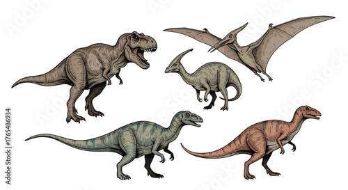 Collection of Prehistoric Dinosaurs and Pterosaurs on White Background.