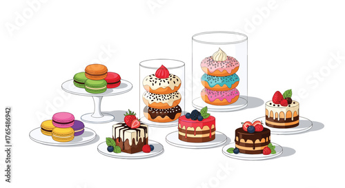 Assortment of colorful desserts including macarons, donuts, and cakes on white background.