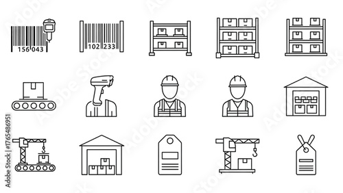 Comprehensive collection of minimalist line icons representing warehouse operations, logistics, and inventory management for modern business solutions