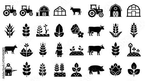 Agriculture and Farming Icons Livestock, Crops, and Farm Buildings