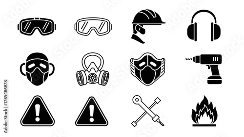 Comprehensive set of industrial safety equipment, protective gear, tools, and warning signs for workplace hazard prevention