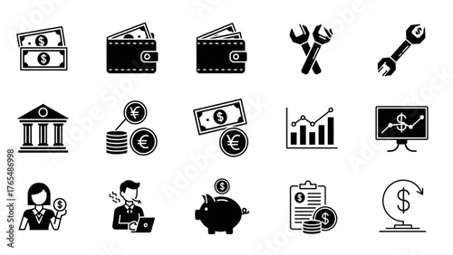 Comprehensive Set of Financial Management and Banking Business Icons for Modern Economic Concepts and Digital Transactions