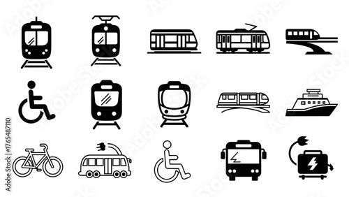 Transportation Icon Set Trains, Buses, Bicycles, and Ferries