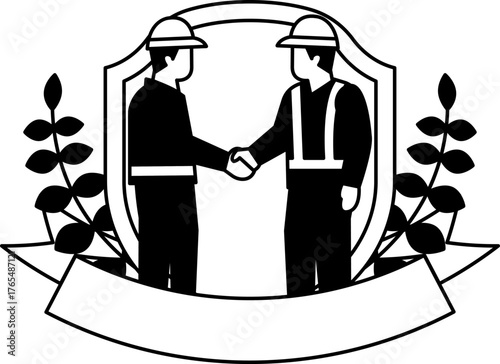 black and white logotype of a Two men shake hands in front of a shield