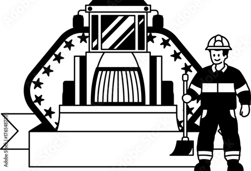 black and white logotype of a foreman in front of a large tractor