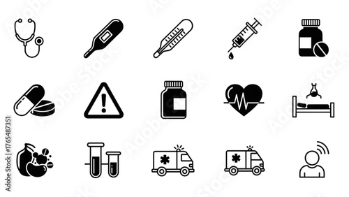 Extensive Collection of Essential Healthcare and Medical Concept Icons for Wellness and Emergency Services