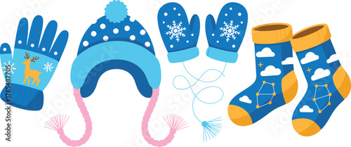 Blue Winter Accessories Illustration Hat, Mittens, Gloves, and Socks with Cute Designs