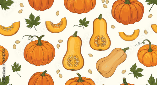 Seamless pattern with hand-drawn pumpkins, butternut squash, and maple leaves on a light background.