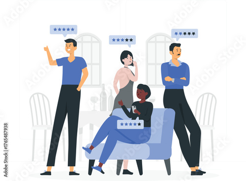 Diverse group of people giving star ratings and reviews on smartphones and verbally Keywords: people, group, diverse, men, women, adults, giving, star ratings, reviews, feedback, customer
