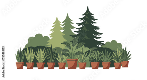 Various potted plants and lush green trees in a vibrant garden setting.