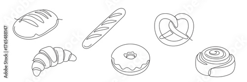 Fresh breads one line continuous drawing. Wheat bread, pretzel, donut, croissant, bagel, french baguette continuous one line illustration. Hand drawn. Editable stroke
