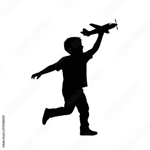 Energetic Silhouette of a Child Running with a Toy Airplane Outdoor Imagination Play