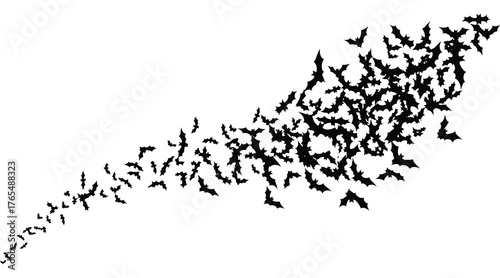 Vector art of a dynamic swarm of bats in silhouette, creating a sense of movement and mystery
