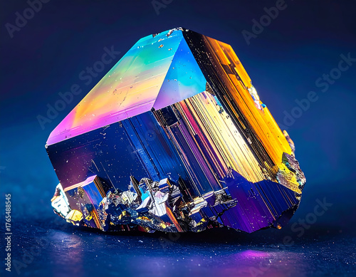 Close-up of a pyrite crystal with iridescent, rainbow-like colors shimmering across its geometric surface.