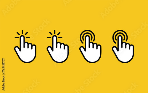 Four White Hand Cursor Icons with Yellow Background pointer click