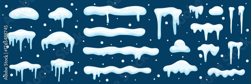 A set of snow caps, snowballs, and snowdrifts. Vector collection of snow caps. Snow elements on a winter background