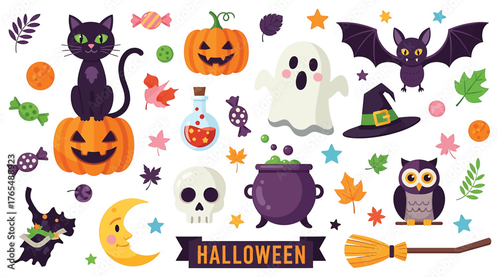 Fototapeta premium Vector art of halloween set featuring a black cat, pumpkin, ghost, bat, witch hat, cauldron, skull, owl, broom, moon, and various candies and leaves for festive designs