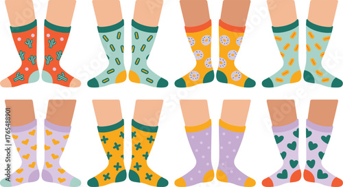 Cartoon Illustration Variety of Fun, Patterned Socks on Legs, Colorful and Stylish Socks