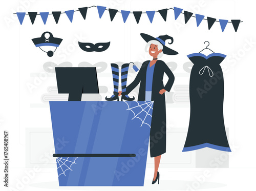 Woman in witch costume at Halloween costume shop counter with display items vector illustration