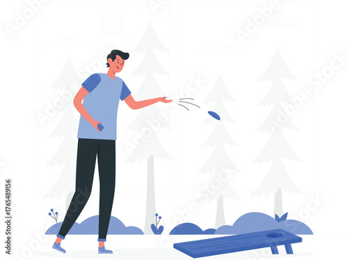 Man throwing beanbag at cornhole board in a forest setting game