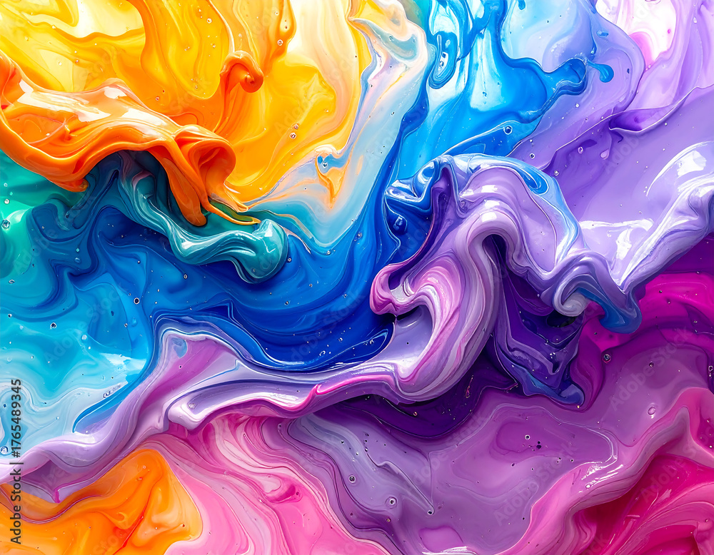 Fototapeta premium Abstract image featuring swirling and mixing vibrant colors including orange, blue, purple, and pink, creating a dynamic and fluid design.